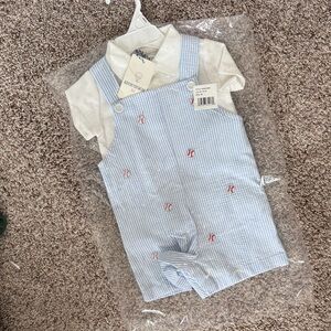 Classic Baby Blue Seersucker Suspender Romper with White Shirt - Unbranded